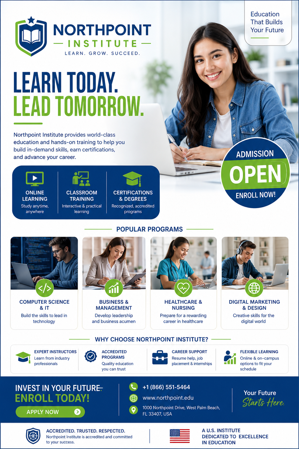 Educational institute social media poster for a USA admissions campaign