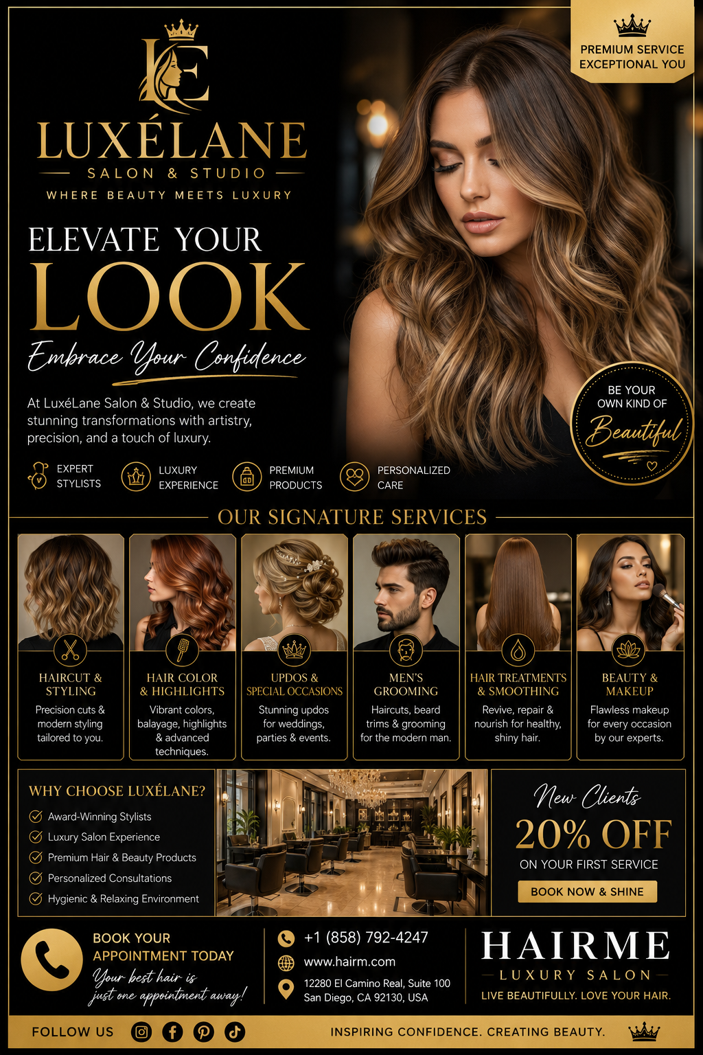 Hair salon social media poster for a luxury USA salon campaign
